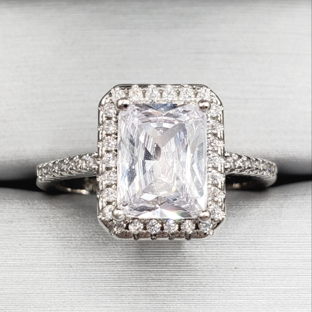 Radiant Simulated Diamond Halo Silver Tone Engagement Ring